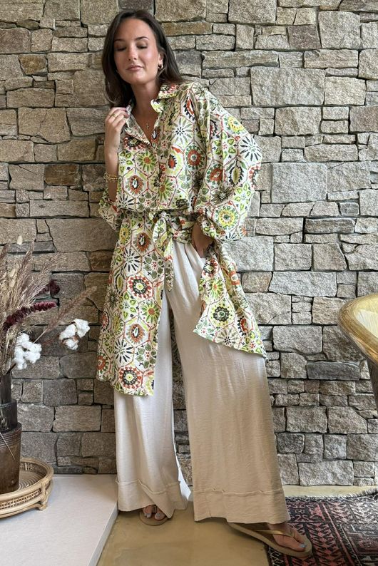 Riad Nights Longline Belted Duster Shirt Green